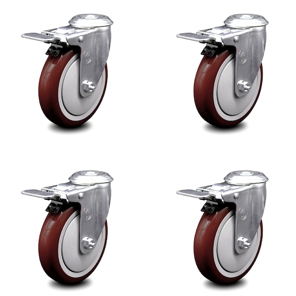 5 Inch Maroon Polyurethane Swivel Bolt Hole Caster Set with Total Lock Brake SCC